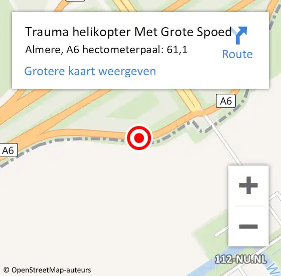 Locatie op kaart van de 112 melding: Trauma helikopter Met Grote Spoed Naar Almere, A6 hectometerpaal: 61,1 op 18 september 2021 19:18