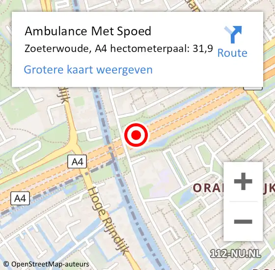 Locatie op kaart van de 112 melding: Ambulance Met Spoed Naar Zoeterwoude, A4 hectometerpaal: 31,9 op 18 september 2021 21:02