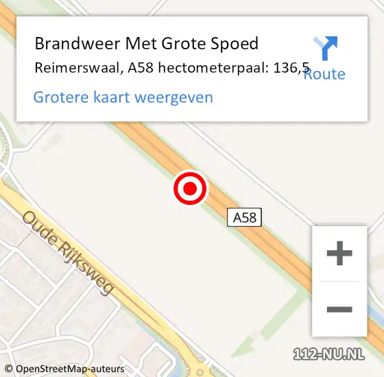 Locatie op kaart van de 112 melding: Brandweer Met Grote Spoed Naar Reimerswaal, A58 hectometerpaal: 136,5 op 18 september 2021 21:07