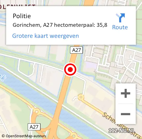 Locatie op kaart van de 112 melding: Politie Gorinchem, A27 hectometerpaal: 35,8 op 18 september 2021 21:22