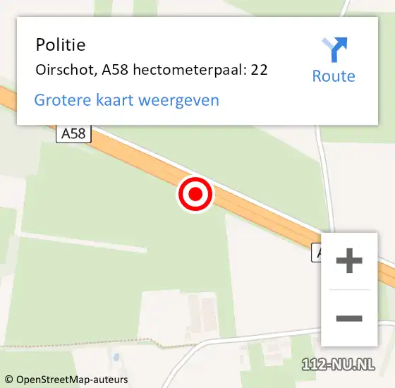 Locatie op kaart van de 112 melding: Politie Oirschot, A58 hectometerpaal: 22 op 18 september 2021 21:32