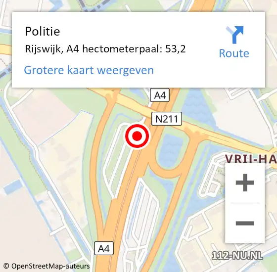 Locatie op kaart van de 112 melding: Politie Rijswijk, A4 hectometerpaal: 53,2 op 18 september 2021 21:49