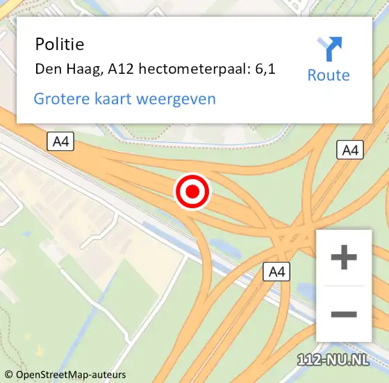 Locatie op kaart van de 112 melding: Politie Den Haag, A12 hectometerpaal: 6,1 op 19 september 2021 00:17