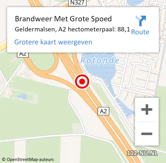 Locatie op kaart van de 112 melding: Brandweer Met Grote Spoed Naar Geldermalsen, A2 hectometerpaal: 88,1 op 19 september 2021 00:57