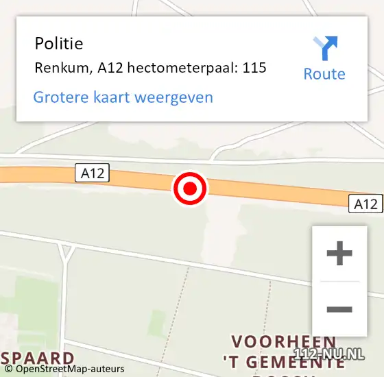 Locatie op kaart van de 112 melding: Politie Renkum, A12 hectometerpaal: 115 op 19 september 2021 03:20
