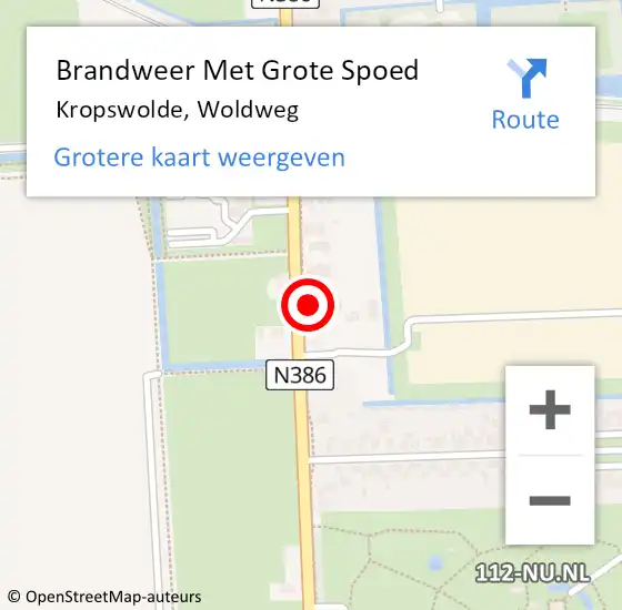 Locatie op kaart van de 112 melding: Brandweer Met Grote Spoed Naar Kropswolde, Woldweg op 19 september 2021 09:31