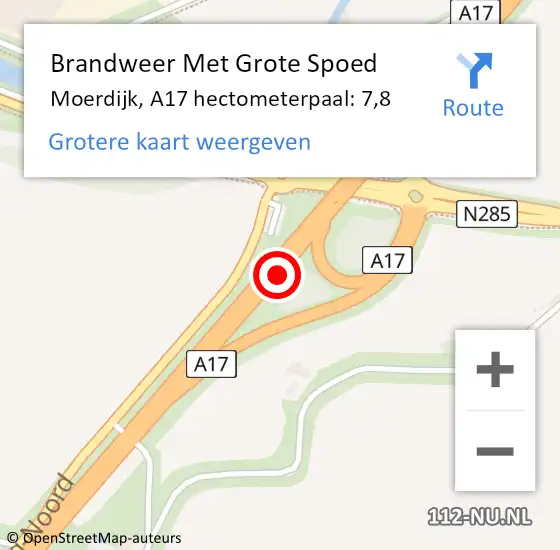 Locatie op kaart van de 112 melding: Brandweer Met Grote Spoed Naar Moerdijk, A17 hectometerpaal: 7,8 op 19 september 2021 11:07