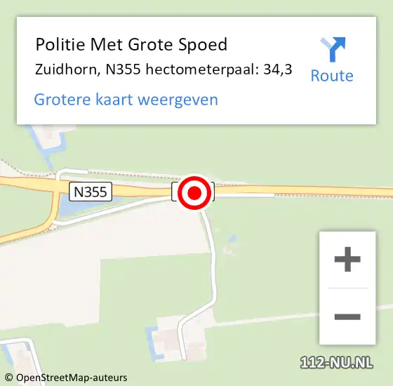 Locatie op kaart van de 112 melding: Politie Met Grote Spoed Naar Zuidhorn, N355 hectometerpaal: 34,3 op 19 september 2021 13:22