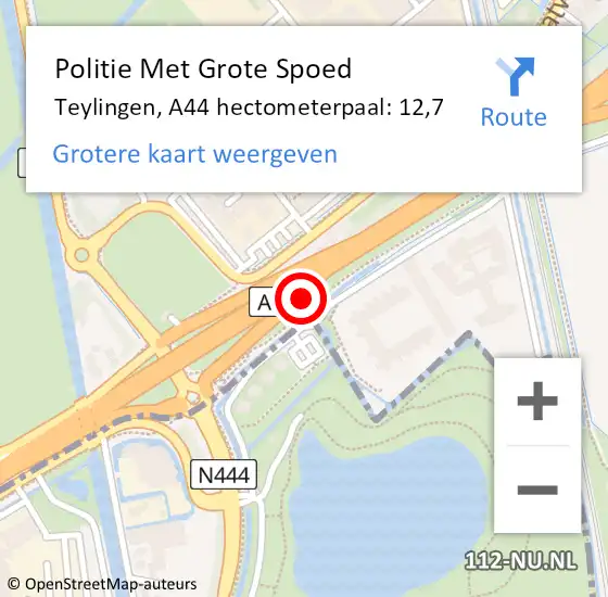 Locatie op kaart van de 112 melding: Politie Met Grote Spoed Naar Teylingen, A44 hectometerpaal: 12,7 op 19 september 2021 13:43