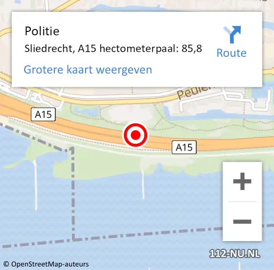 Locatie op kaart van de 112 melding: Politie Hardinxveld-Giessendam, A15 hectometerpaal: 85,8 op 19 september 2021 14:16