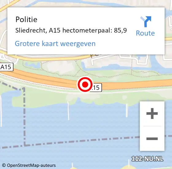 Locatie op kaart van de 112 melding: Politie Hardinxveld-Giessendam, A15 hectometerpaal: 85,9 op 19 september 2021 14:19