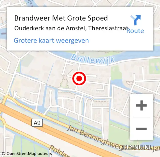 Locatie op kaart van de 112 melding: Brandweer Met Grote Spoed Naar Ouderkerk aan de Amstel, Theresiastraat op 19 september 2021 14:28