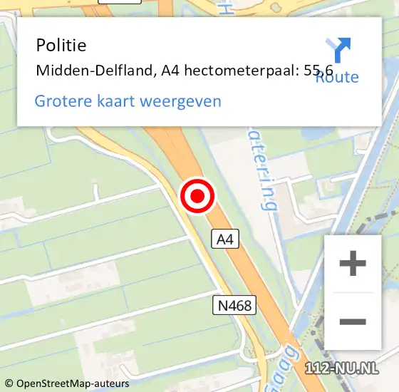 Locatie op kaart van de 112 melding: Politie Midden-Delfland, A4 hectometerpaal: 55,6 op 19 september 2021 14:45