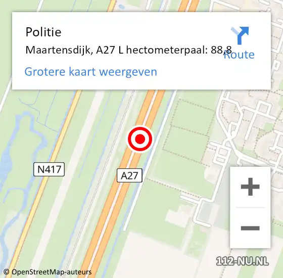 Locatie op kaart van de 112 melding: Politie Maartensdijk, A27 L hectometerpaal: 85,2 op 23 juni 2014 13:56