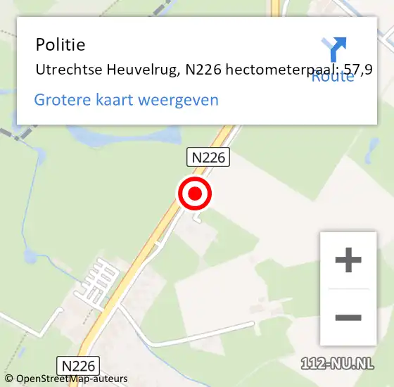 Locatie op kaart van de 112 melding: Politie Utrechtse Heuvelrug, N226 hectometerpaal: 57,9 op 19 september 2021 16:29