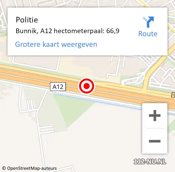 Locatie op kaart van de 112 melding: Politie Bunnik, A12 hectometerpaal: 66,9 op 19 september 2021 16:30