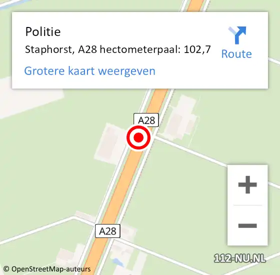 Locatie op kaart van de 112 melding: Politie Staphorst, A28 hectometerpaal: 102,7 op 19 september 2021 17:44