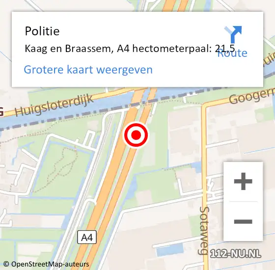 Locatie op kaart van de 112 melding: Politie Kaag en Braassem, A4 hectometerpaal: 21,5 op 19 september 2021 18:09