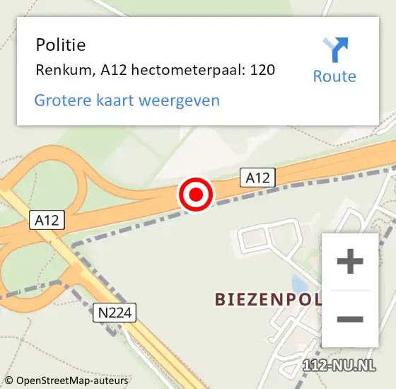 Locatie op kaart van de 112 melding: Politie Renkum, A12 hectometerpaal: 120 op 19 september 2021 21:30