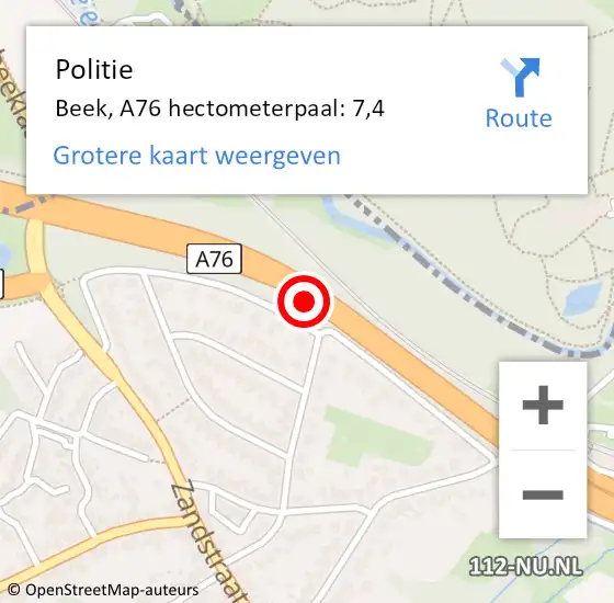 Locatie op kaart van de 112 melding: Politie Beek, A76 hectometerpaal: 7,4 op 19 september 2021 22:13