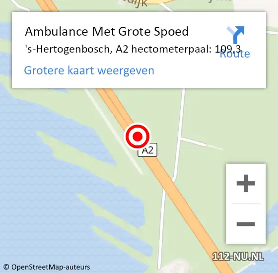 Locatie op kaart van de 112 melding: Ambulance Met Grote Spoed Naar 's-Hertogenbosch, A2 hectometerpaal: 109,3 op 19 september 2021 23:39