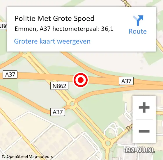 Locatie op kaart van de 112 melding: Politie Met Grote Spoed Naar Emmen, A37 hectometerpaal: 36,1 op 20 september 2021 00:17