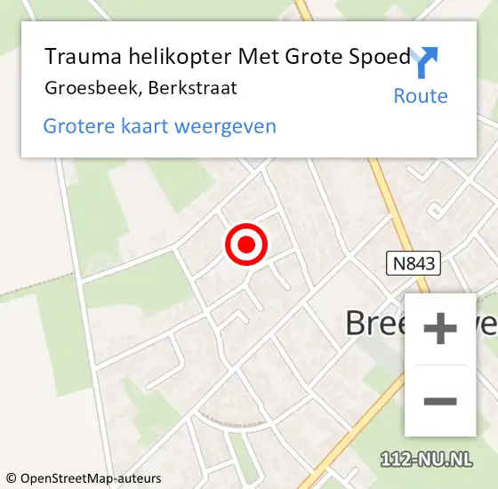 Locatie op kaart van de 112 melding: Trauma helikopter Met Grote Spoed Naar Groesbeek, Berkstraat op 20 september 2021 03:58
