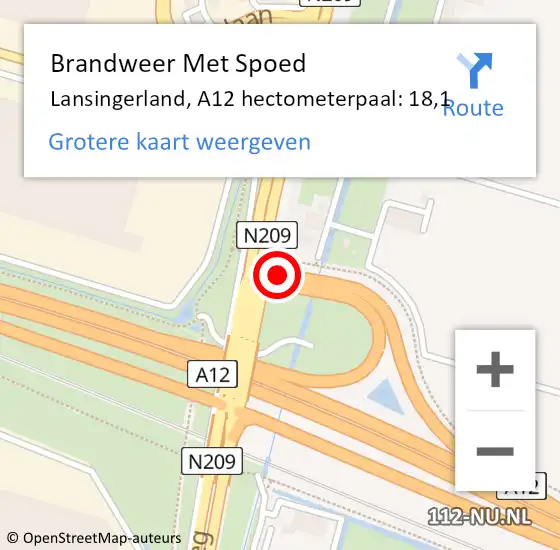 Locatie op kaart van de 112 melding: Brandweer Met Spoed Naar Lansingerland, A12 hectometerpaal: 18,1 op 20 september 2021 04:30
