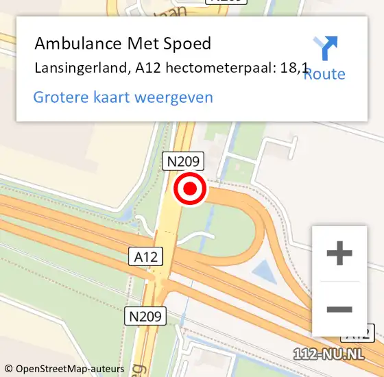 Locatie op kaart van de 112 melding: Ambulance Met Spoed Naar Lansingerland, A12 hectometerpaal: 18,1 op 20 september 2021 04:34