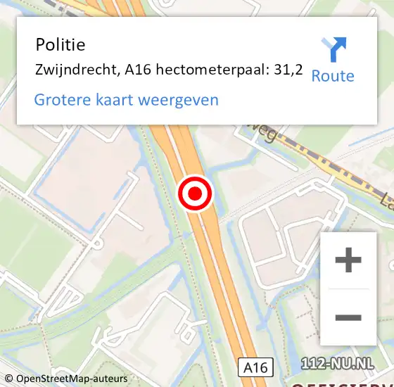 Locatie op kaart van de 112 melding: Politie Zwijndrecht, A16 hectometerpaal: 31,2 op 20 september 2021 07:42