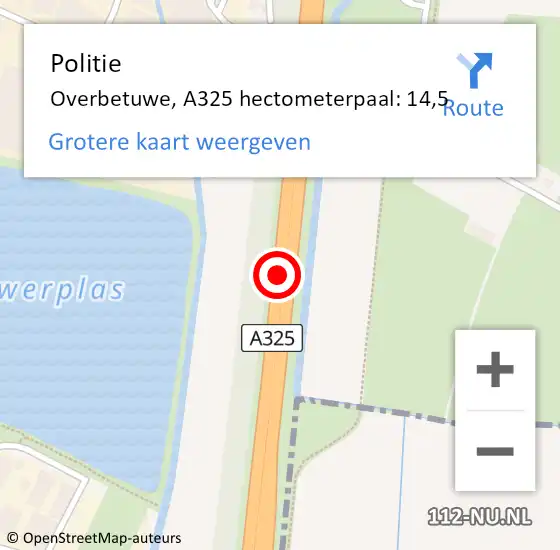 Locatie op kaart van de 112 melding: Politie Overbetuwe, A325 hectometerpaal: 14,5 op 20 september 2021 07:43
