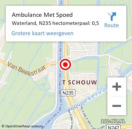 Locatie op kaart van de 112 melding: Ambulance Met Spoed Naar Waterland, N235 hectometerpaal: 0,5 op 20 september 2021 07:48