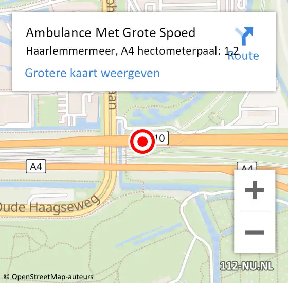 Locatie op kaart van de 112 melding: Ambulance Met Grote Spoed Naar Haarlemmermeer, A4 hectometerpaal: 1,2 op 20 september 2021 08:28