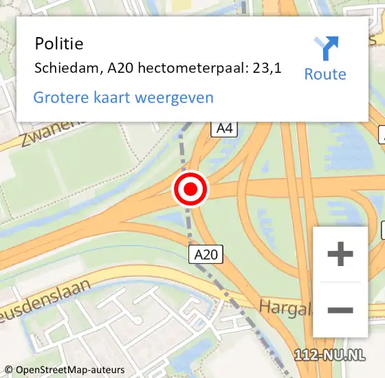 Locatie op kaart van de 112 melding: Politie Schiedam, A20 hectometerpaal: 23,1 op 20 september 2021 08:46