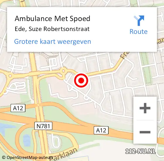 Locatie op kaart van de 112 melding: Ambulance Met Spoed Naar Ede, Suze Robertsonstraat op 20 september 2021 10:06