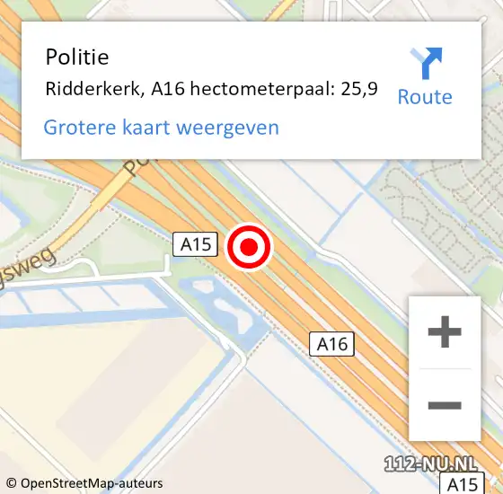 Locatie op kaart van de 112 melding: Politie Ridderkerk, A16 hectometerpaal: 25,9 op 20 september 2021 11:25