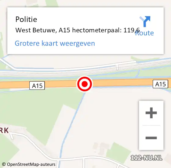 Locatie op kaart van de 112 melding: Politie Geldermalsen, A15 hectometerpaal: 119,6 op 20 september 2021 13:51