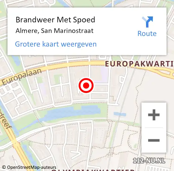 Locatie op kaart van de 112 melding: Brandweer Met Spoed Naar Almere, San Marinostraat op 20 september 2021 13:57