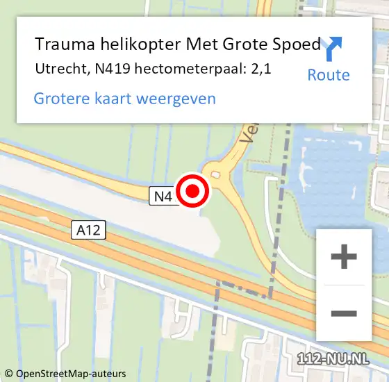 Locatie op kaart van de 112 melding: Trauma helikopter Met Grote Spoed Naar Utrecht, N419 hectometerpaal: 2,1 op 20 september 2021 14:37