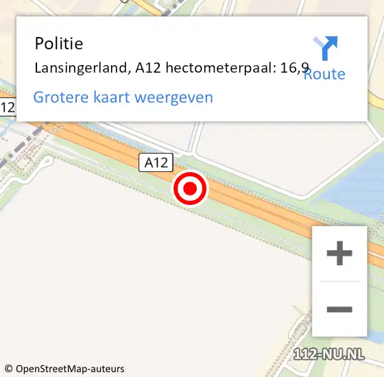 Locatie op kaart van de 112 melding: Politie Lansingerland, A12 hectometerpaal: 16,9 op 20 september 2021 18:47