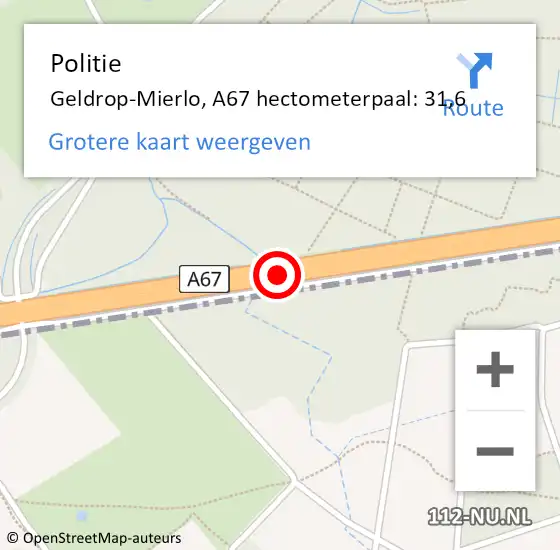 Locatie op kaart van de 112 melding: Politie Geldrop-Mierlo, A67 hectometerpaal: 31,6 op 20 september 2021 20:40