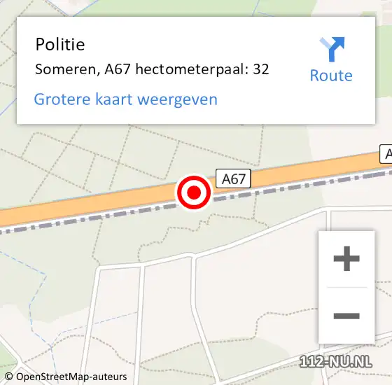 Locatie op kaart van de 112 melding: Politie Someren, A67 hectometerpaal: 32 op 20 september 2021 20:45