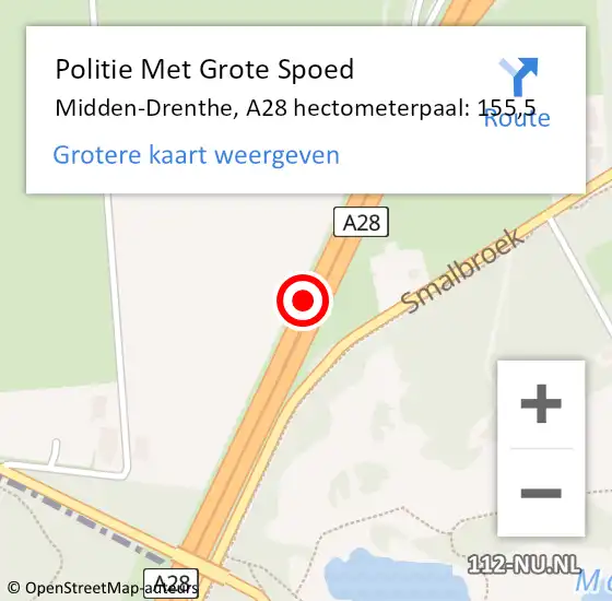 Locatie op kaart van de 112 melding: Politie Met Grote Spoed Naar Midden-Drenthe, A28 hectometerpaal: 155,5 op 20 september 2021 22:16