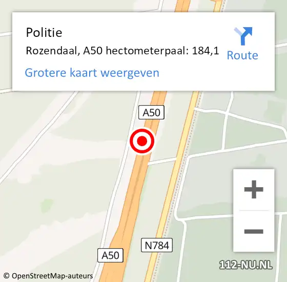 Locatie op kaart van de 112 melding: Politie Rozendaal, A50 hectometerpaal: 184,1 op 20 september 2021 22:21