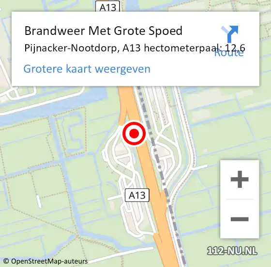 Locatie op kaart van de 112 melding: Brandweer Met Grote Spoed Naar Pijnacker-Nootdorp, A13 hectometerpaal: 12,6 op 20 september 2021 23:39