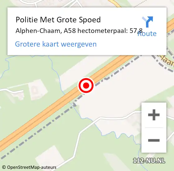 Locatie op kaart van de 112 melding: Politie Met Grote Spoed Naar Alphen-Chaam, A58 hectometerpaal: 57,8 op 21 september 2021 03:06