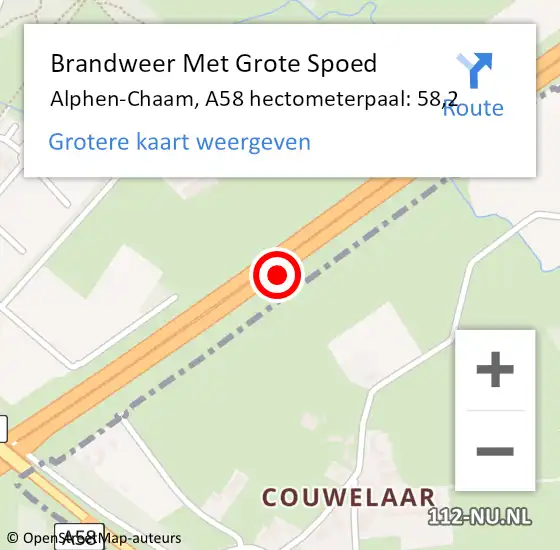 Locatie op kaart van de 112 melding: Brandweer Met Grote Spoed Naar Alphen-Chaam, A58 hectometerpaal: 58,2 op 21 september 2021 03:12