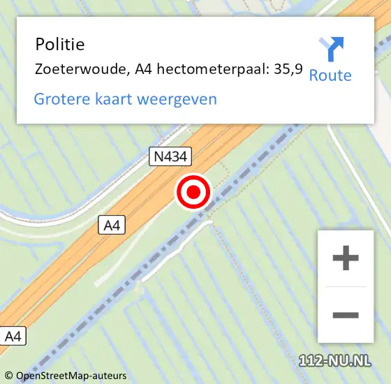 Locatie op kaart van de 112 melding: Politie Zoeterwoude, A4 hectometerpaal: 35,9 op 21 september 2021 07:13