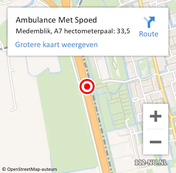 Locatie op kaart van de 112 melding: Ambulance Met Spoed Naar Medemblik, A7 hectometerpaal: 33,5 op 21 september 2021 07:47