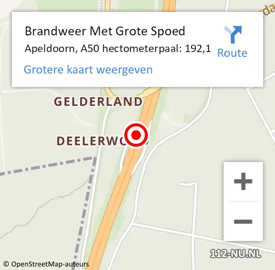 Locatie op kaart van de 112 melding: Brandweer Met Grote Spoed Naar Apeldoorn, A50 hectometerpaal: 192,1 op 21 september 2021 08:04